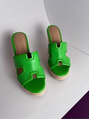 J.Crew Factory Green H Cutout Espadrille Wedges Size 6 Hermès Style Sandals